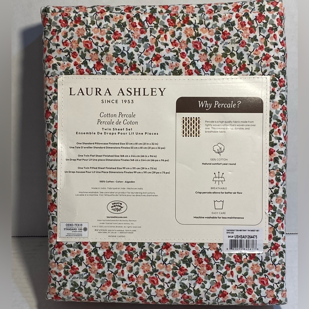 Laura Ashley EMOGENE Red Green White Floral Cotton Percale TWIN Sheet Set 3 pc - Picture 6 of 9